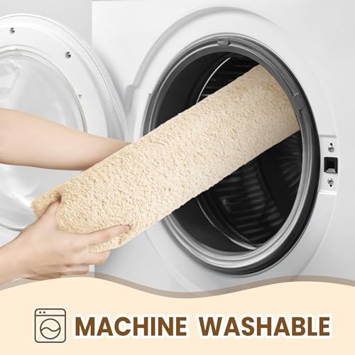 TECHMILLY Shaggy Bathroom Rug Mat 32x20, Absorbent Thick Non Slip Microfiber Mats, Quick Dry Machine Washable Bath Rug for Bathroom Floor, Bathtub and Shower, Cream