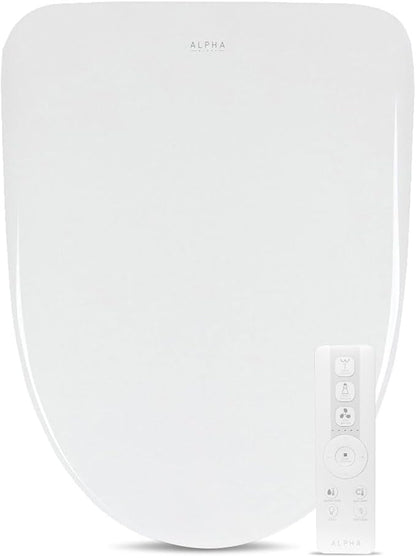 ALPHA BIDET iX Pure Bidet Toilet Seat in Elongated White | Ultra Low Profile | Endless Warm Water | Arced Stainless Steel Nozzle | Blue LED Nightlight | Dryer
