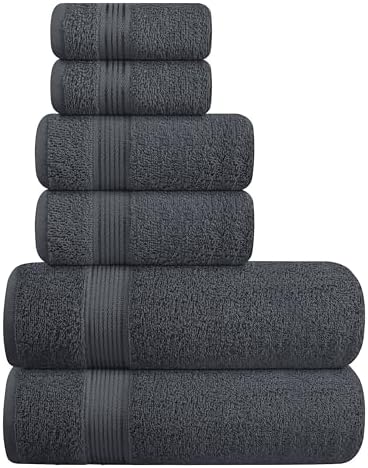 Belizzi Home Ultra Soft 6 Pack Cotton Towel Set, Contains 2 Bath Towels 28x55 inch, 2 Hand Towels 16x24 inch & 2 Wash Coths 12x12 inch, Ideal Everyday use, Compact & Lightweight - Charcoal Grey