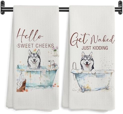 Funny Husky Hand Towels, Hello Sweet Cheeks Bathroom Decor, Husky Gifts Decorative Hand Towels for Bathroom Washroom Restroom, Gifts for Husky Lovers, 16x24 Inch Set of 2