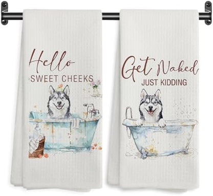Funny Husky Hand Towels, Hello Sweet Cheeks Bathroom Decor, Husky Gifts Decorative Hand Towels for Bathroom Washroom Restroom, Gifts for Husky Lovers, 16x24 Inch Set of 2