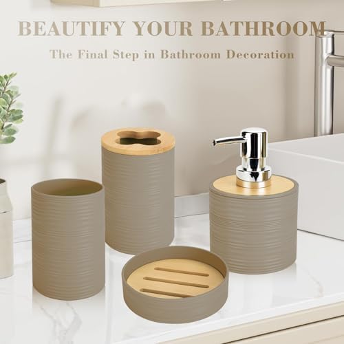 4PCS Beige Bathroom Set, Soap Dispenser, Dish & Bamboo Holder, Rustic