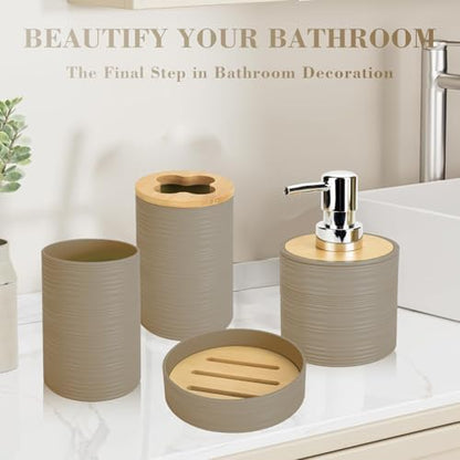 4PCS Beige Bathroom Set, Soap Dispenser, Dish & Bamboo Holder, Rustic