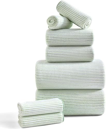 8-Piece Premium Towel Set for Bathroom|2 Oversized Large Bath Sheet,2 Hand Towels,4 Washcloths|Soft Cozy Highly Absorbent Fast Dry Microfiber Shower Towel Set for Hotel Bathroom Essentials,Green White