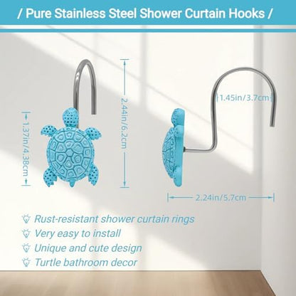 12Pcs Blue Turtle Shower Curtain Hooks Decorative for Curtain Rods, Cute Animals Shower Curtain Rings, Silver Stainless Steel Metal Shower Curtain Hanger Hooks, Turtle Ocean Beach Bathroom Decor