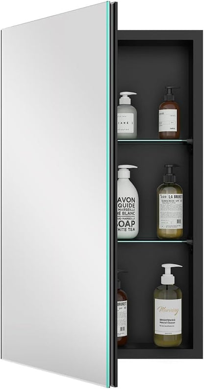 Quavikey Medicine Cabinet with Mirror, Aluminum Surface Mount or Recessed Bathroom Medicine Cabinet Mirror 16x26 Inch, Black