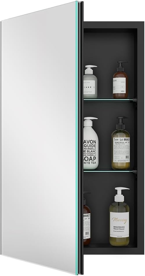 Quavikey Medicine Cabinet with Mirror, Aluminum Surface Mount or Recessed Bathroom Medicine Cabinet Mirror 16x26 Inch, Black