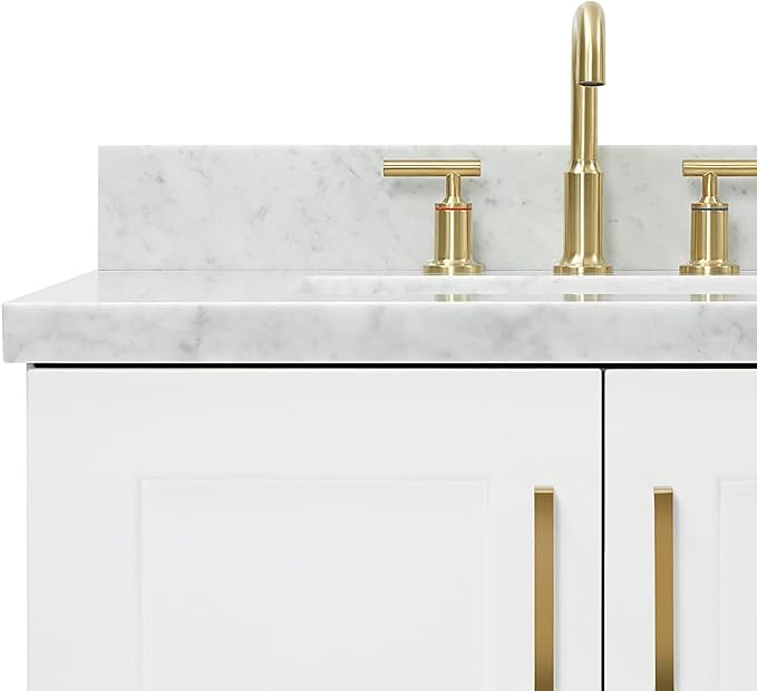 ARIEL 73" White Double Vanity, 1.5" Edge Italian Carrara Marble Countertop & Splash, Rectangular Sink, 4 Soft Closing Doors, 6 Full Extension Dovetail Drawers, Toe Kick, Satin Brass