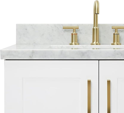ARIEL 73" White Double Vanity, 1.5" Edge Italian Carrara Marble Countertop & Splash, Rectangular Sink, 4 Soft Closing Doors, 6 Full Extension Dovetail Drawers, Toe Kick, Satin Brass