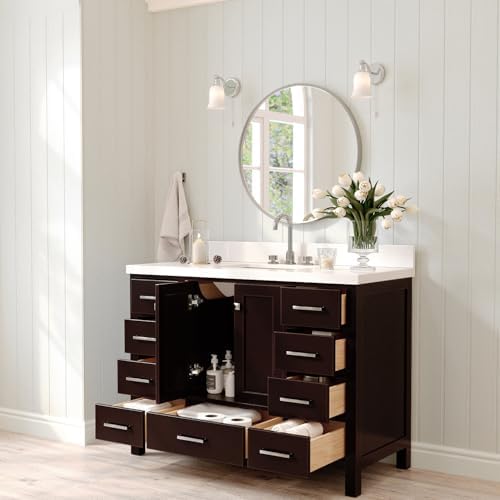 ARIEL Cambridge 48-inch Bathroom Vanity with Sink,Solid Wood, 1.5-inch Pure White Quartz Countertop, Single Rectangular Porcelain Sink, 2 Soft Closing Doors, 9 Dovetail Drawers, Espresso