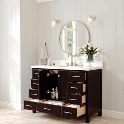 ARIEL Cambridge 48-inch Bathroom Vanity with Sink,Solid Wood, 1.5-inch Pure White Quartz Countertop, Single Rectangular Porcelain Sink, 2 Soft Closing Doors, 9 Dovetail Drawers, Espresso