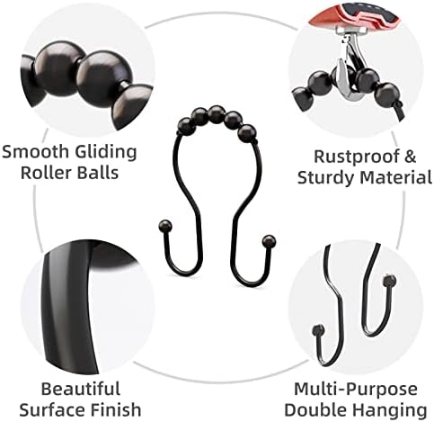 Bathway Shower Curtain Hooks Bronze Shower Curtain Rings Rust Proof Double Hook Shower Curtain Hooks, 12 Pcs Shower Hooks for Shower Curtain, Shower Rings for Curtain Bathroom, Metal Shower Rod Hooks