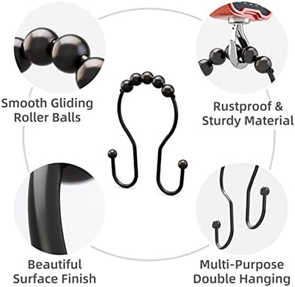 Bathway Shower Curtain Hooks Bronze Shower Curtain Rings Rust Proof Double Hook Shower Curtain Hooks, 12 Pcs Shower Hooks for Shower Curtain, Shower Rings for Curtain Bathroom, Metal Shower Rod Hooks