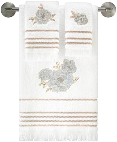Nicole Miller – Bathroom Towel Set, Ringspun Cotton Terry Bath Towel, Hand Towel & Fingertip Towel, Floral & Embroidered Design, Set of 3 (Camille)