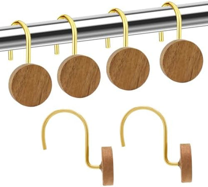 Shower Curtain Hooks, Wood Decorative Shower Curtain Rings, Modern Round Log Shower Curtain Hangers, 12PCS Shower Hooks for Shower Curtain Rod, Bedroom, Living Room (Gold)