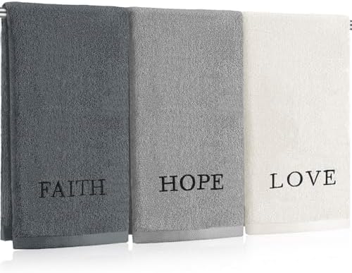 FuWeave 3 Pcs Gray Decorative Hand Towels for Bathroom, Faith Hope Love