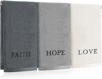 FuWeave 3 Pcs Gray Decorative Hand Towels for Bathroom, Faith Hope Love