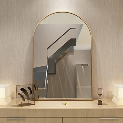 Wall Mounted Mirror, Arched Wall Mirror for Bathroom, 24"x36" Arch Bathroom Mirror with Metal Frame, Gold Vanity Mirror Decor for Mantle, Bedroom, Entryway, Living Room