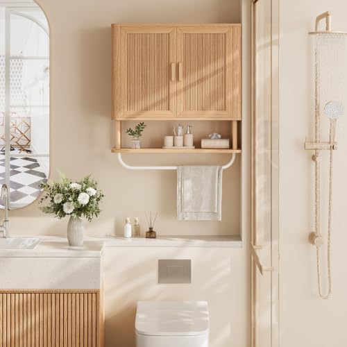 INNOD Bathroom Storage Cabinet with Towel Bar, Over the Toilet Storage Shelf, Medicine Cabinet with Adjustable Wood Shelf & Doors for Laundry Room & Kitchen & Living Room (Natural Oak)