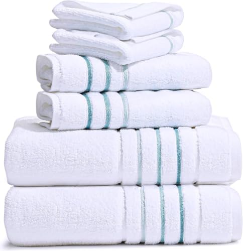 Hand Towels Set for Bathroom – Luxury 6-Piece Cotton HnadnTowels (30''x17''), Soft Absorbent & Quick Dry, 600 GSM Bath Towels for Bathroom, Hotel Spa Quality (White/Aqua Green, 4-Hand Towel Set)
