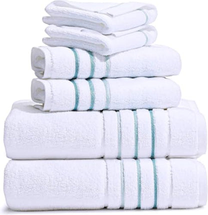 Hand Towels Set for Bathroom – Luxury 6-Piece Cotton HnadnTowels (30''x17''), Soft Absorbent & Quick Dry, 600 GSM Bath Towels for Bathroom, Hotel Spa Quality (White/Aqua Green, 4-Hand Towel Set)