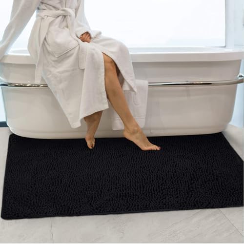 Secura Bathroom Rugs 47x28, Ultra Soft Chenille Bath Mat, Super Absorbent & Quick Dry Bathroom Mat, Non Slip Machine Washable Bath Rugs for Tub, Shower, Home Decor Accessories (Black)