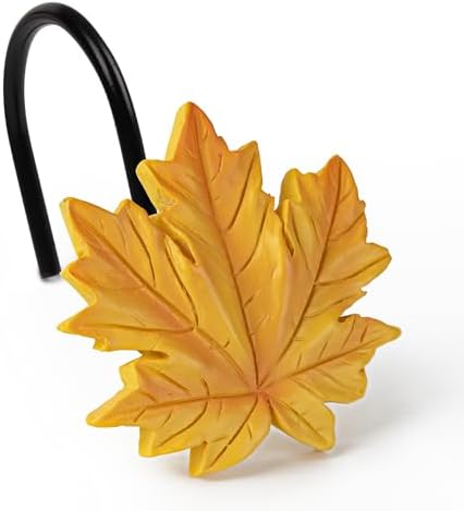 Sunlit Maple Leaf Shower Curtain Hooks for Fall Autumn, Home Decorative Shower Curtain Rings with Black Hooks for Bathroom, Resin, Orange Red Shower Curtain Hangers Bath Accessories, Set of 12