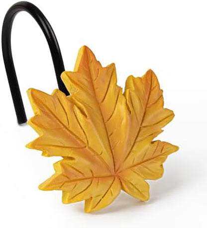 Sunlit Maple Leaf Shower Curtain Hooks for Fall Autumn, Home Decorative Shower Curtain Rings with Black Hooks for Bathroom, Resin, Orange Red Shower Curtain Hangers Bath Accessories, Set of 12