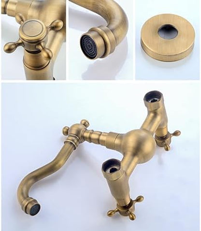 Antique Brass Bathroom Faucet & Kitchen Mixer Tap 180° Swivel Wall-Mounted Sink with Double Handles Elegant Design for Modern and Vintage Decor