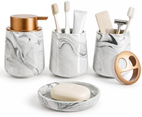 Ceramic Bathroom Accessory Set, 4 Piece Marble Bathroom Countertop Organizer Includes Soap Dispenser, Toothbrush Holder, Tumbler & Soap Dish, Elegant Modern Bath Decor
