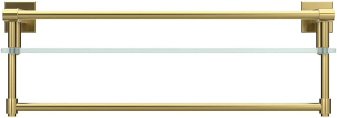 Bathroom Glass Shelf with Towel Rack Organizer Wall-Mounted Bathroom Storage SUS304 Stainless Steel Track Wall-Mounted Tempered Glass Stainless Steel Shelf (Brushed Gold, 20-inch)