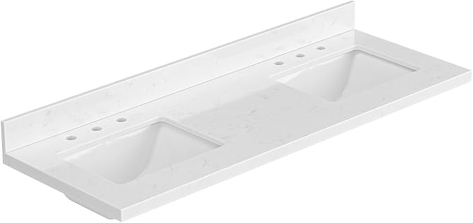 ARIEL 60 inch Double Bathroom Vanity top with Sink, 1.5 Inch Thick Miter Edge Carrara White Quartz top, Rectangle Double Sink Vanity top, Includes Backsplash