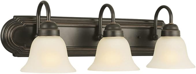 Design House Allante Vanity Light, Dimmable, Frosted Glass, 3 Light, Bathroom, Large Backplate, Easy Installation, Oil Rubbed Bronze, 24 in W x 7.75 in D x 8 in H, Item 506618