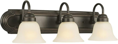 Design House Allante Vanity Light, Dimmable, Frosted Glass, 3 Light, Bathroom, Large Backplate, Easy Installation, Oil Rubbed Bronze, 24 in W x 7.75 in D x 8 in H, Item 506618