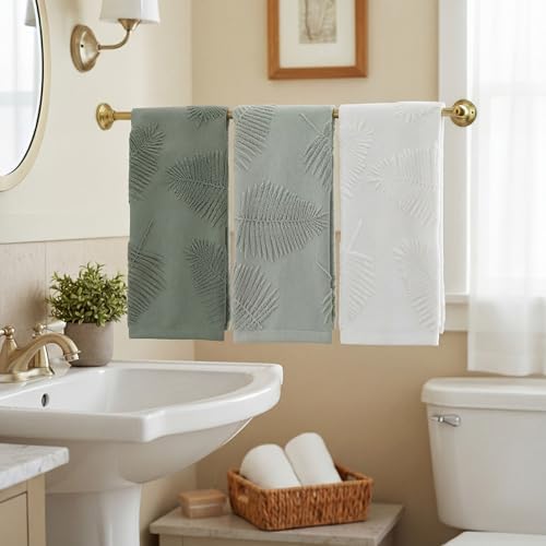 Tiamon 3 Pcs Bathroom Towel Decorative Set 100% Cotton Fluffy Bath Hand Towels for Guest Gifts Farmhouse Kitchen Hand Towels Home(Grayish Green, Green, White,30 x 13 Inch,Palm Leaf)