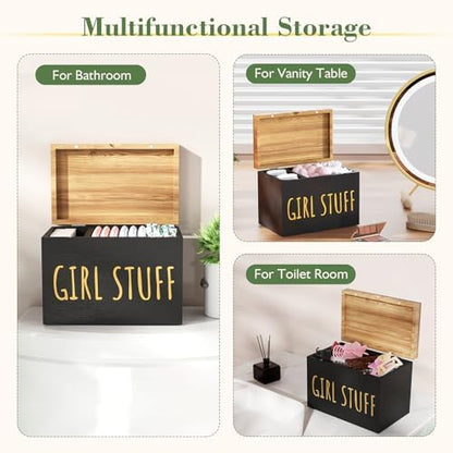 Wooden Tampon Holder, Matte Black, Hinged Lid Organizer