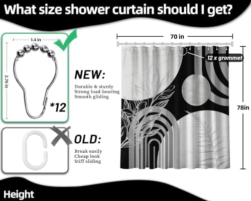 Grey and White Extra Long Shower Curtain, Tall 72X78 in, Mid Century