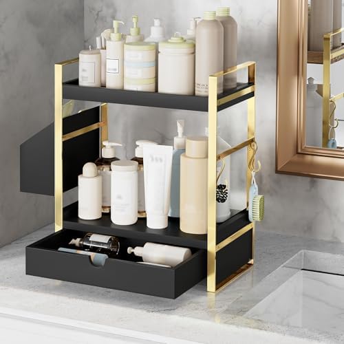 2-Tier Bathroom Counter Organizer, Wooden Vanity Shelf with Drawer & Basket