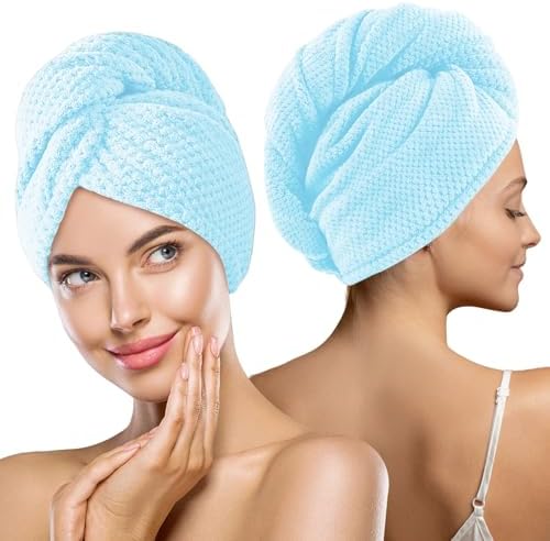 MaopaoBeauty Thicker Hair Drying Towels, Quick Drying Towels for Hair with Button, Super Absorbent Hair Turbans for Wet Hair Long Thick Curly Hair, Soft Hair Drying Towel Wrap, Light Blue