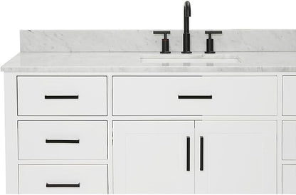 ARIEL Hepburn 60-inch Bathroom Vanity with Sink,Solid Wood, 0.75-inch Italian Carrara Marble Countertop, Single Rectangular Porcelain Sink, 2 Soft Closing Doors, 9 Dovetail Drawers, White