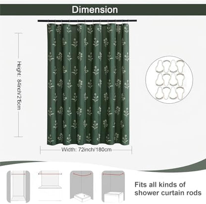 ORTIGIA Linen Shower Curtain 72 W x 84 L Farmhouse Vintage Dark Green Floral Long Shower Curtains Boho Rustic Block Print Cottagecore Decor for Bathroom