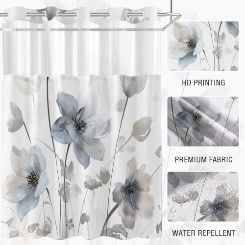 No Hook Shower Curtain and Liner Set, Blue Grey Boho Floral 71x84