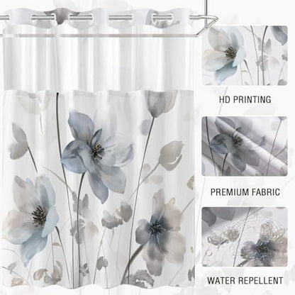 No Hook Shower Curtain and Liner Set, Blue Grey Boho Floral 71x84