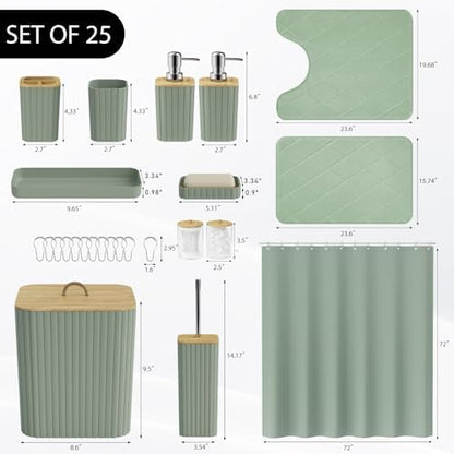 Bathroom Accessory Set - 25PC Bathroom Sets with Shower Curtain and Rugs, Sage Green Bathroom Set, Bathroom Accessories Set, Shower Curtain Sets with Rugs, Bathroom Trash Can & Soap Dispenser