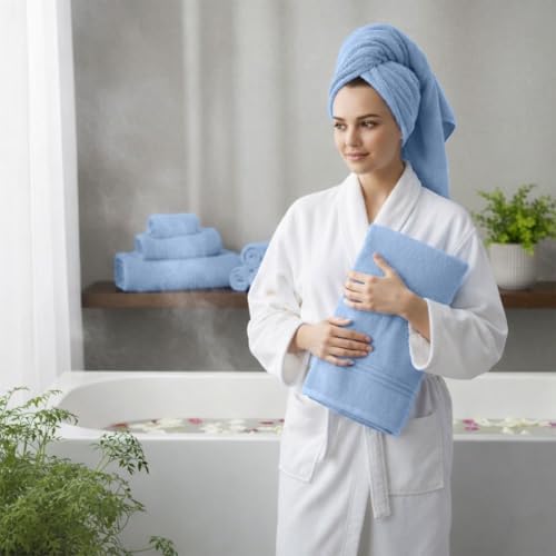 Light Blue Bath Towels for Bathroom – 100% Cotton, Thick, Soft, Luxury Bath Towels Set with 2 Extra Large Bath, 2 Hand, and 4 Washcloths – Plush, Absorbent, and Hotel-Quality Towels for Bathroom & Spa