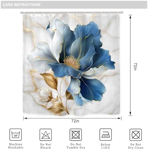 Blue Gold Floral Abstract Modern 4Pcs Bathroom Shower Curtain Set with Rugs