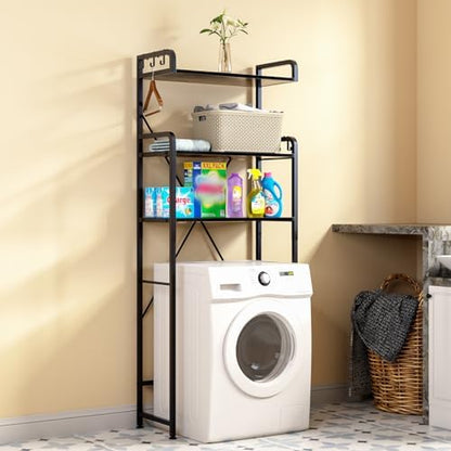 Huhote Over-The-Toilet Storage Rack with 3-Tier Shelves, Space Saver Toilet Shelf, Bathroom Storage Organizer with Hooks for Over-Toilet Storage (Black)