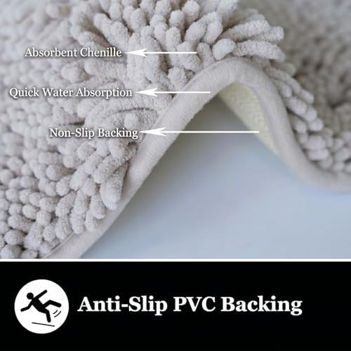 Bathroom Rugs Chenille Bath mat 2 Piece Set, Super Absorbent, Strong PVC Non Slip Backing, Bath mats for Bathroom, Plush Shaggy, Thick, Machine Washable, Bathtub, Toilet.(Light Grey)