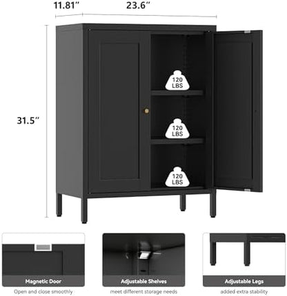 YAUWOH Small Metal Cabinet,Bathroom Storage Cabinet with 2 Adjustable Shelves and 2 Doors,Freestanding Sideboard for Small Spaces, Living Room, Home Office, Dining Room(1PC,Black)