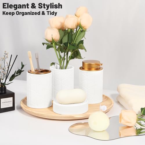 Kukikan Ceramic Bathroom Accessories Set, 4 Pcs-Includes Lotion Soap Dispenser, Toothbrush Holder, Vanity Tray, and Tumbler, Modern Bathroom Decor Organizer with Soap Dish, Apothecary Jar, White Color